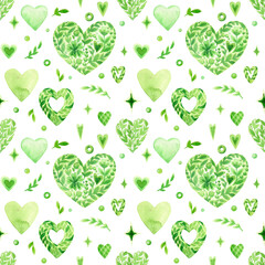 Watercolor green hearts, flowers and leaves, isolated on a white background. Valentines day seamless pattern. - 566567833