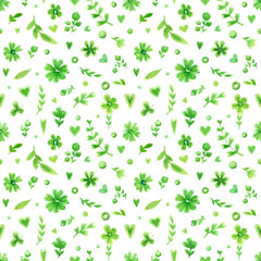 Watercolor green floral pattern. Flowers, hearts, stars, leaves and berries, isolated on a white background.  Seamless pattern. - 566567845