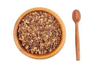 Chocolate granola in wooden bowl with spoon isolated on white background