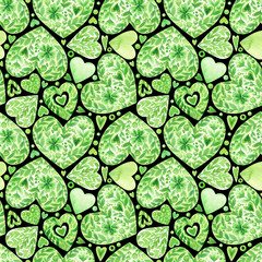 Watercolor green hearts, keys and lock, isolated on a white background. Valetines day seamless pattern. - 566567864