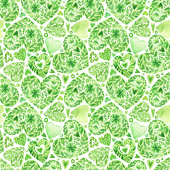 Watercolor green hearts, flowers and leaves, isolated on a white background. Valentines day seamless pattern. - 566567881