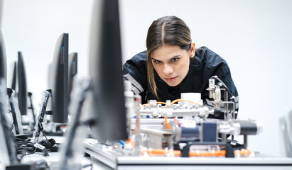Computer science development engineer working on robotic arm connection and control at electronic...