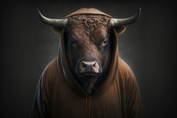 Naklejka premium Bull in a hoodie, generative ai
