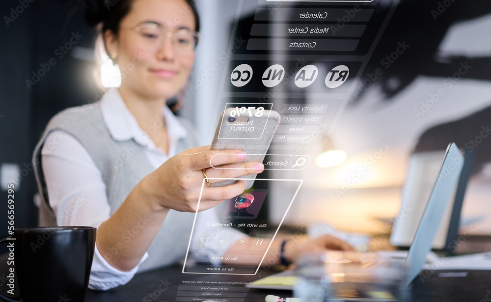 Poster Smart home technology, phone dashboard and woman programming safety security, digital ai network or house automation. Software system hud, virtual ui screen and Asian person with futuristic IOT app