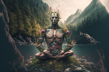 An Illustration of a Skeletal Man Meditating in a Natural Landscape