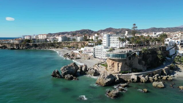 Nerja Balcon de Europa and beaches in Malaga, Costa del Sol, Andalusia, Spain - Aerial 4k Circling