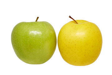 two ripe green and yellow apples on a white background