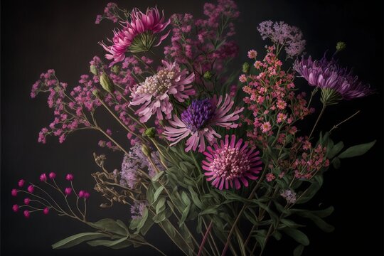  a bunch of flowers that are sitting in a vase on a table with a black background in the middle of the picture is a bunch of purple and white flowers.  generative ai