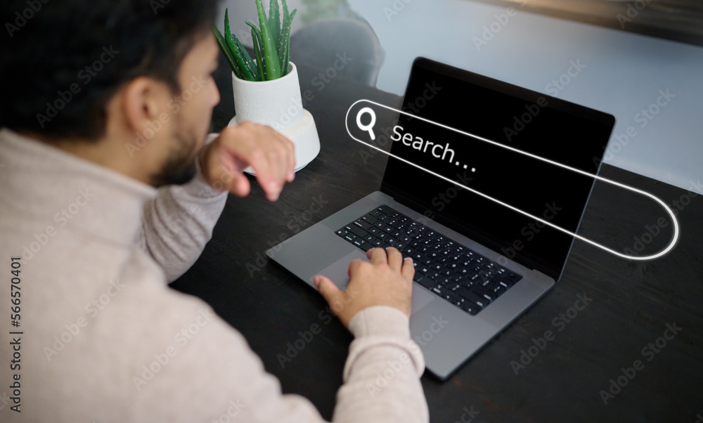 Aufkleber Man, hands and laptop hologram with search engine, seo database and user software for network innovation. Computer, research and typing on digital overlay for website, internet information and online