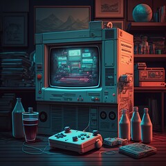 Retro gaming console and pad in room, created using generative ai technology