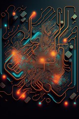 Image of computer circuit board and orange light trails on dark background created using Generative AI technology
