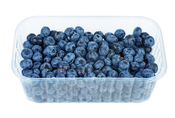 Blueberries in a plastic container isolated on a white background.