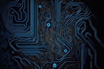 Image of computer circuit board and blue light trails on dark background created using Generative AI technology