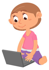 Kid working on laptop. Cartoon child with gadget
