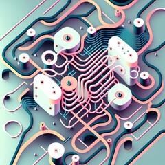 Image of computer circuit board and pink blue light trails on light green background created using Generative AI technology