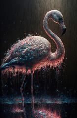 Beautiful wet pink flamingo in the rain. Generative AI.