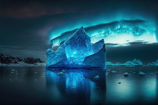 Composition of iceberg reflected in sea over night sky, created using generative ai technology