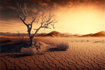Composition of cracked desert and lonely tree created using generative ai technology