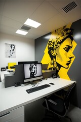 Modern office interior with desk, computer and painting, created using generative ai technology