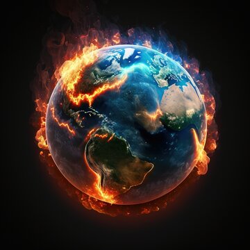 Red and blue flame burning globe on black background created using generative ai technology