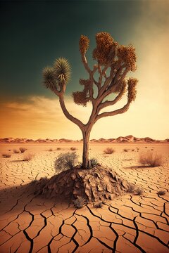 Composition of cracked desert and lonely tree created using generative ai technology