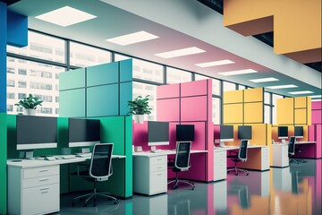 Modern office interior with desks, computers and window created using generative ai technology