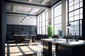 Modern office interior with desks, computers and windows created using generative ai technology