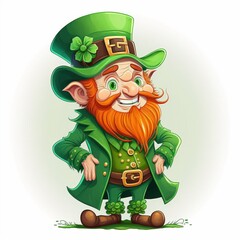 Smiling happy leprechaun in green hat on white background, created using generative ai technology