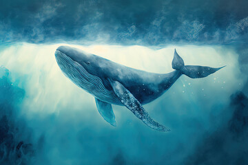 Digital watercolor painting of a whale underwater. 4k Wallpaper, background - obrazy, fototapety, plakaty