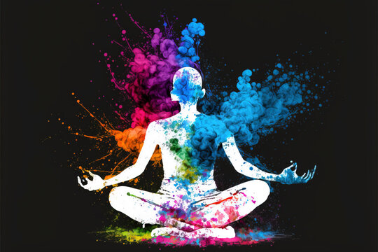 buda yoga chakra zen Happy Holi colorful background. Festival of colors, colorful rainbow holi paint color powder explosion isolated white wide panorama background.