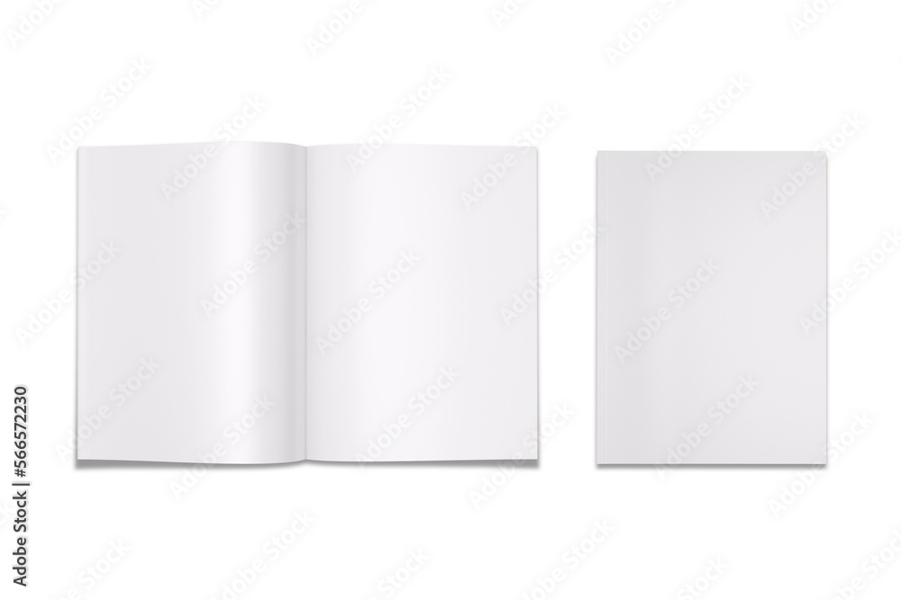 Poster empty blank glossy magazine open and closed mockup isolated on a white background. 3d rendering. rea