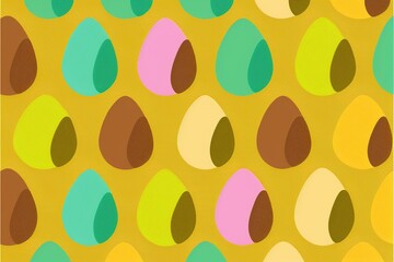 Composition of rows of colourful easter eggs on yellow, created using generative ai technology