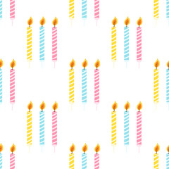 Seamless pattern with colorful birthday candles with burning flame. Vector texture for wrapping paper, fabric print, kids textile, cover, card design