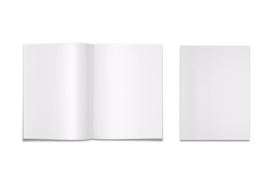 Empty blank glossy magazine open and closed mockup isolated on a white background. 3d rendering. ready for cover and spread of the magazine design.