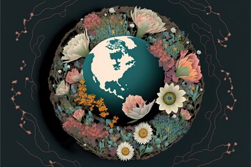 Obraz na płótnie Canvas Globe with overgrowing flowers and roots on black background, created using generative ai technology