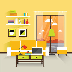 Modern interior living room in yellow. The modern interior. Modern living room. Working place at home. Interior flat design. Vector illustration