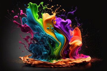 Colorful paint splashes isolated on black. Rainbow bright colors. Generative AI