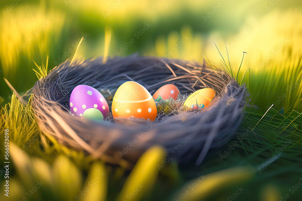 Poster Multi-colored painted Easter eggs in a nest on a forest glade in the grass on a bright sunny day. Generative AI.