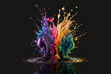 Obraz na płótnie Canvas Colorful paint splashes isolated on black. Rainbow bright colors. Generative AI