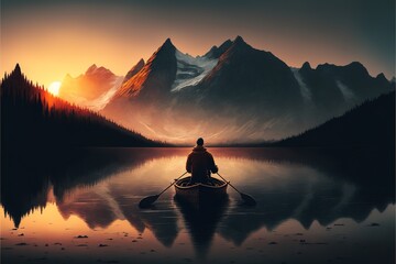 A Man In Canoe On Lake With Mountains Generative AI