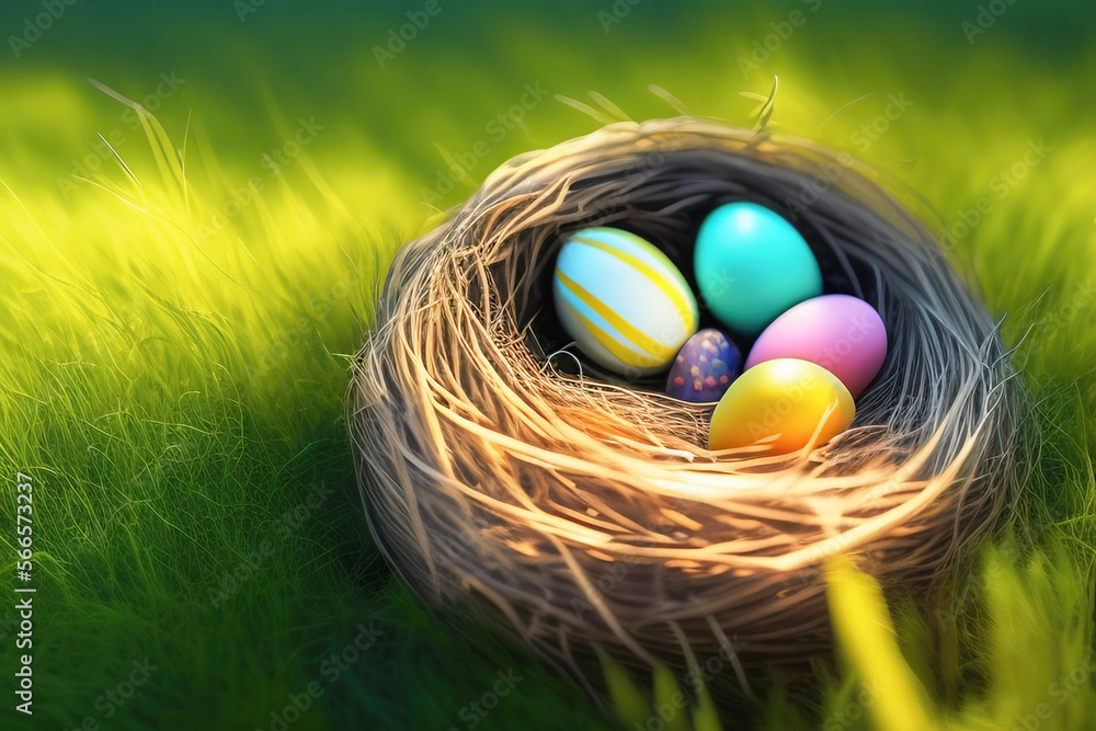 Poster Multi-colored painted Easter eggs in a nest on a forest glade in the grass on a bright sunny day. Generative AI.