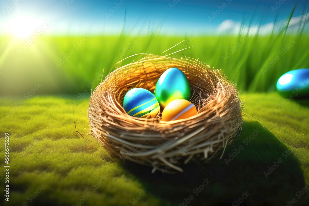 Poster multi-colored painted easter eggs in a nest on a forest glade in the grass on a bright sunny day. ge