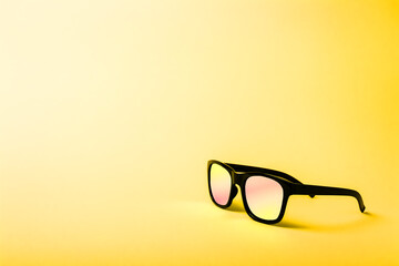 Black sunglasses with Multicolor Mirror Lens on sunny yellow background. Polarized sunglasses with...