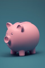 Image of pink piggy bank on blue background, created using generative ai technology