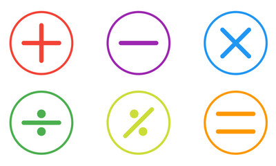 math sign icon set, plus, minus, multiply divide, percentage and equal icons