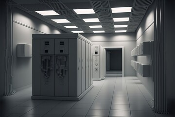 Image of empty server room corridor, created using generative ai technology