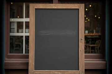 Naklejka na ściany i meble Wooden chalkboard outside store window with copy space, created using generative ai technology