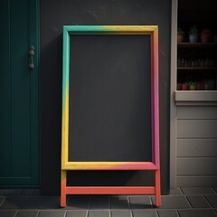 Fototapeta na wymiar Colourful chalkboard, plants outside store and copy space, created using generative ai technology