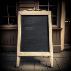 Image of wooden chalkboard outside store with copy space, created using generative ai technology