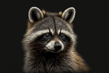 Portrait of cute raccoon on black background, created using generative ai technology